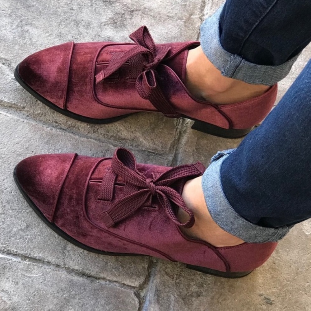 Red Wine Velvet Soft Thick Laces Boyfriend Loafers - Picture 2 of 8